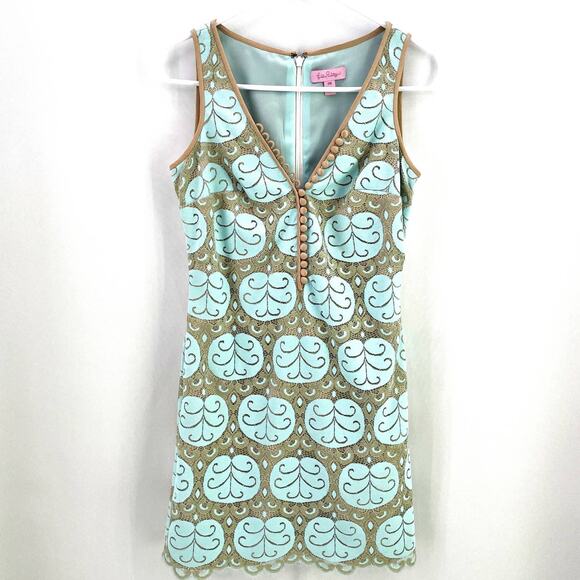 Lilly Pulitzer Easter Nadine Crochet Gold Lace Shift Dress Whisper Blue Size 00 - Picture 2 of 6